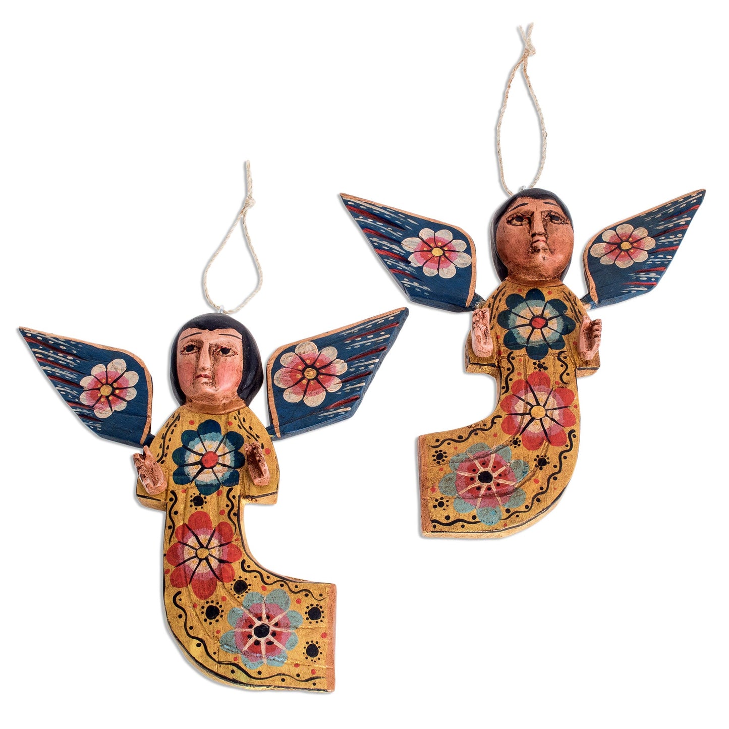 Flower Angels Hand-Painted Wood Angel Wall Ornaments from Guatemala (Pair)