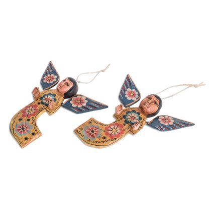 Flower Angels Hand-Painted Wood Angel Wall Ornaments from Guatemala (Pair)