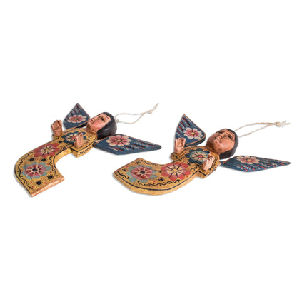 Flower Angels Hand-Painted Wood Angel Wall Ornaments from Guatemala (Pair)