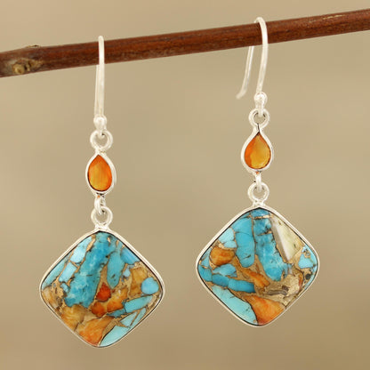 Colorful Kites Carnelian and Composite Turquoise Sterling Silver Earrings