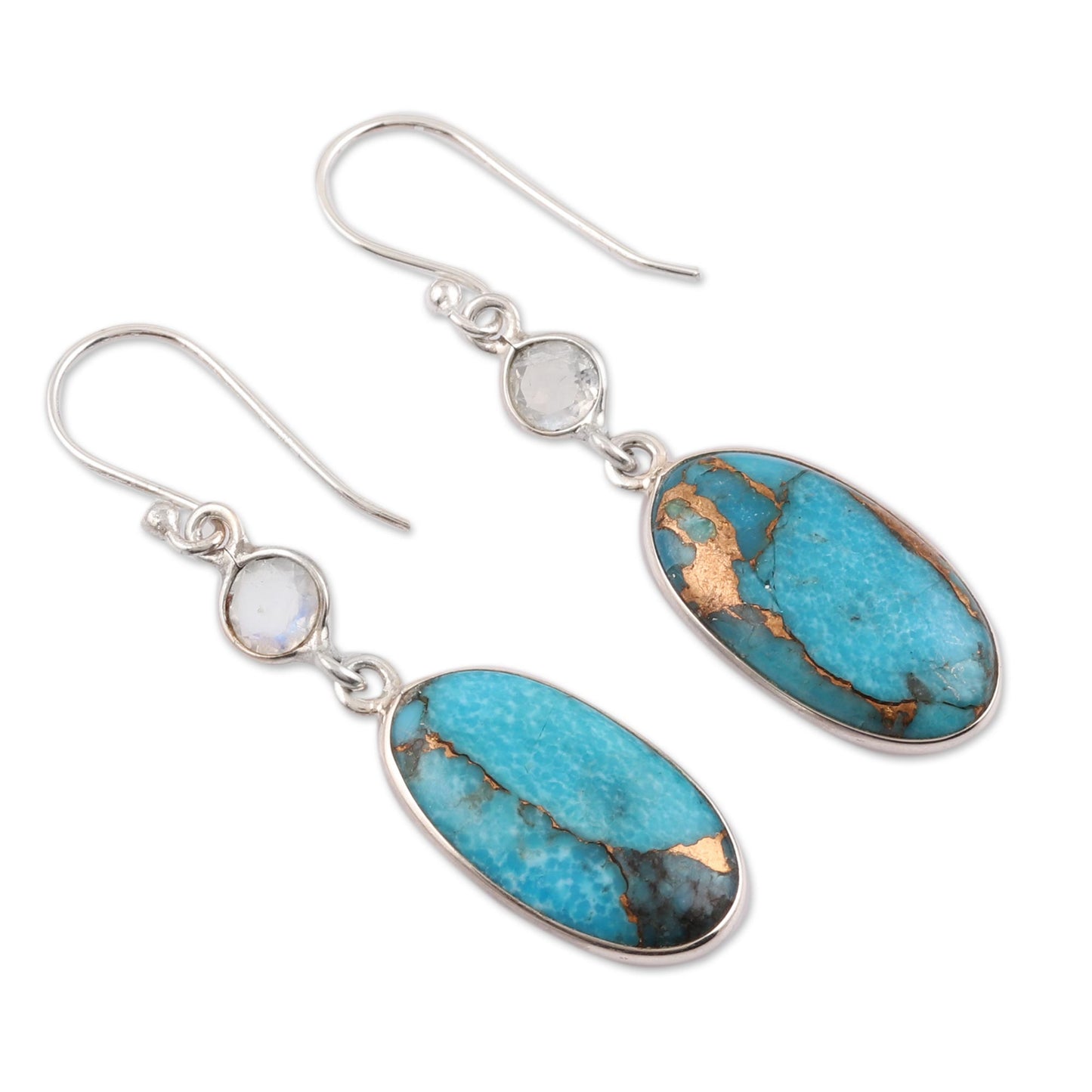 Celestial Light Rainbow Moonstone and Composite Turquoise Silver Earrings