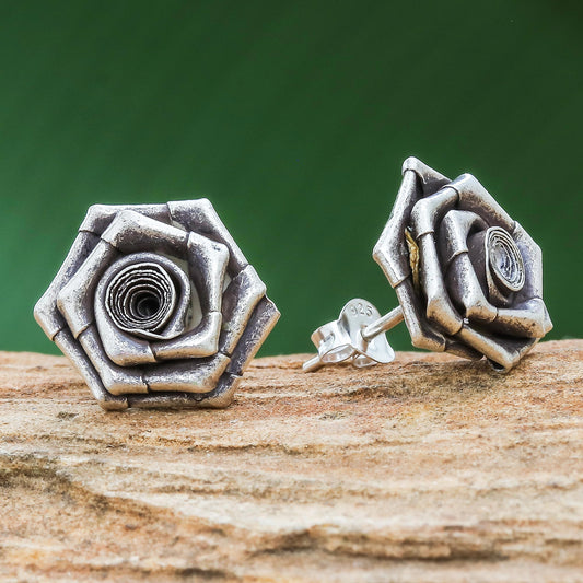 Origami Rose Thai Karen Hill Tribe Silver Flower Earrings