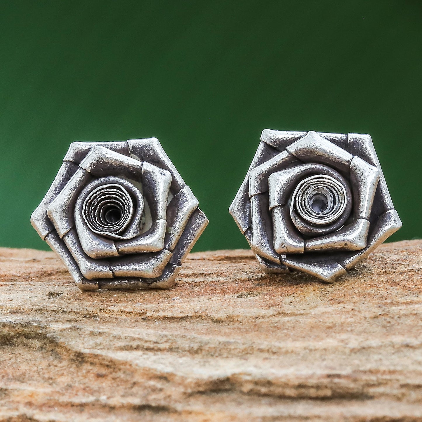 Origami Rose Thai Karen Hill Tribe Silver Flower Earrings