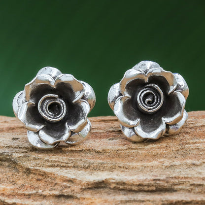 Hill Tribe Roses Thai Karen Hill Tribe Silver Flower Theme Button Earrings