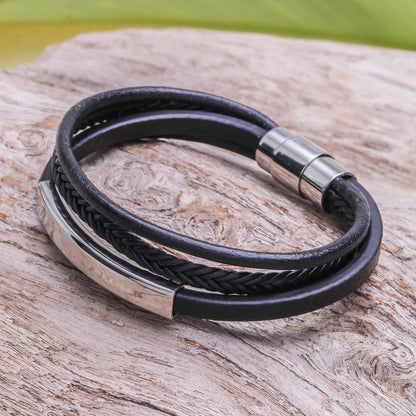 Mighty Strength in Black Leather Strand Bracelet in Black from Thailand