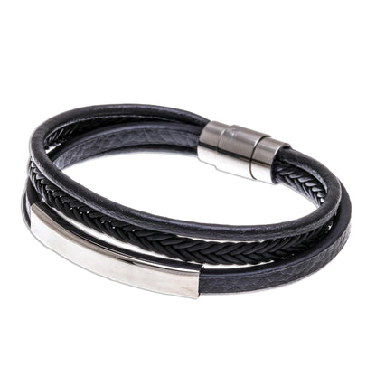 Mighty Strength in Black Leather Strand Bracelet in Black from Thailand