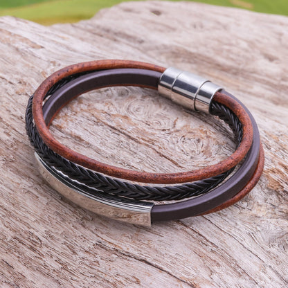 Mighty Strength in Brown Leather Strand Bracelet in Brown from Thailand