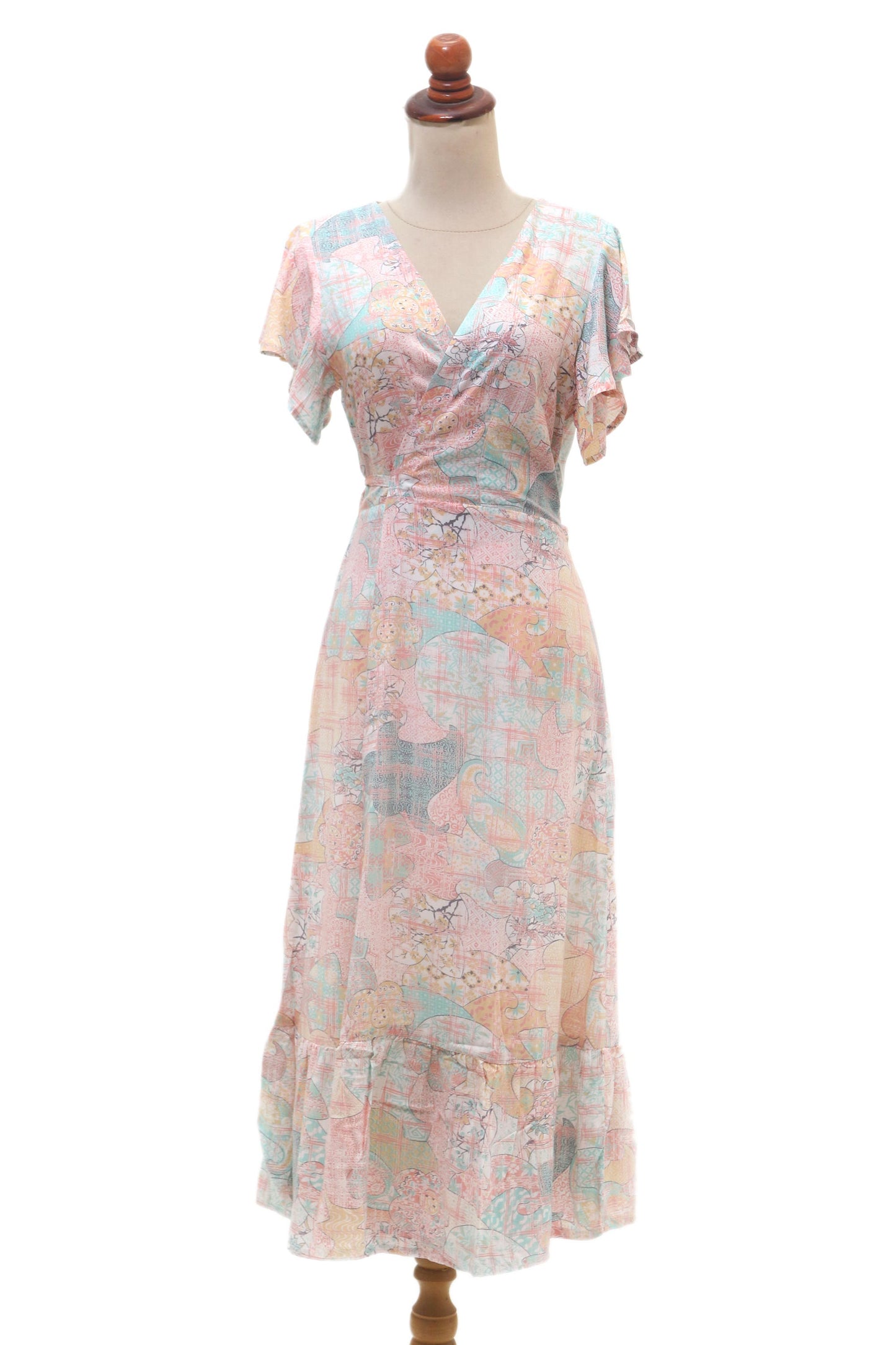 Sekar Jagad Butterfly Sleeve Rayon Wrap Dress in Pink and Aqua