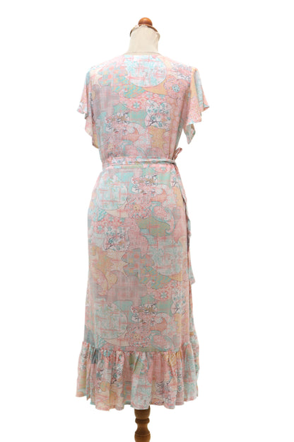 Sekar Jagad Butterfly Sleeve Rayon Wrap Dress in Pink and Aqua