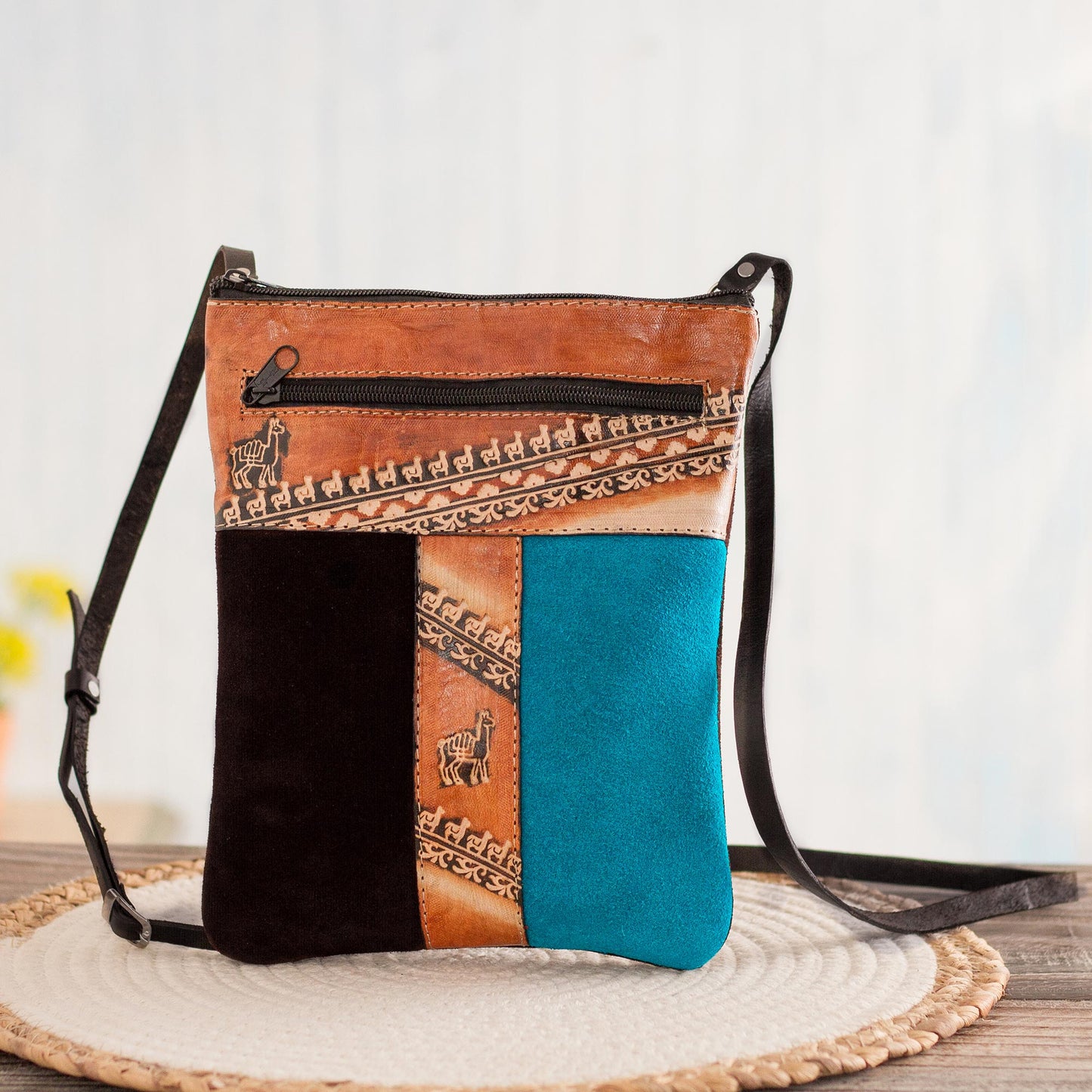 The Llama Way Brown and Teal Llama Pattern Leather Accented Suede Sling