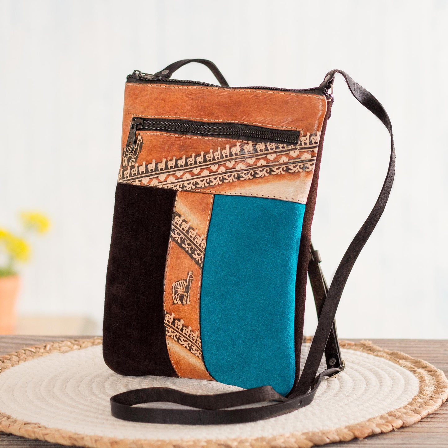 The Llama Way Brown and Teal Llama Pattern Leather Accented Suede Sling