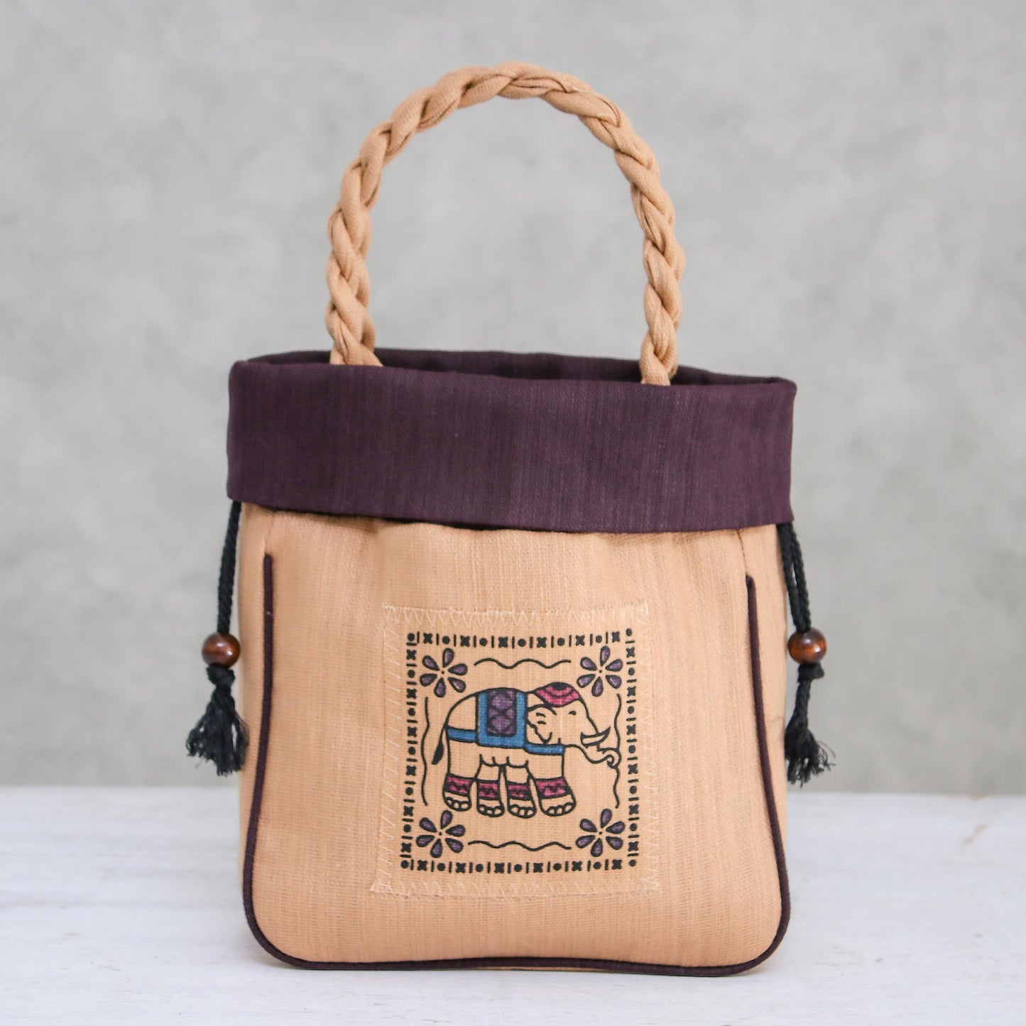 Elephant Caper in Purple 100% Cotton Tan and Purple Elephant Motif Cinch-Top Handbag