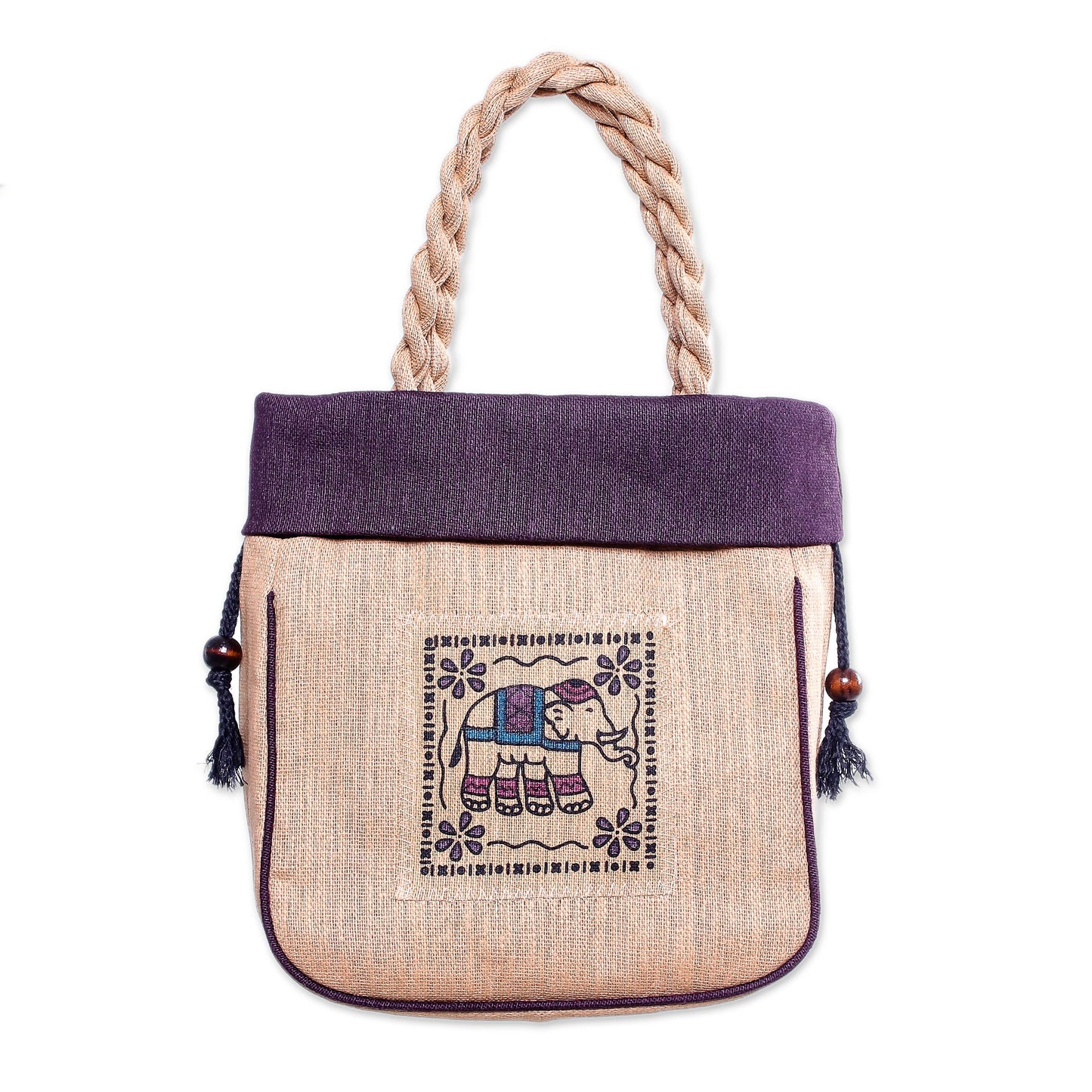 Elephant Caper in Purple 100% Cotton Tan and Purple Elephant Motif Cinch-Top Handbag