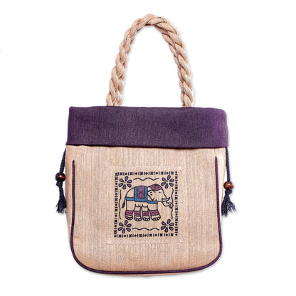 Elephant Caper in Purple 100% Cotton Tan and Purple Elephant Motif Cinch-Top Handbag