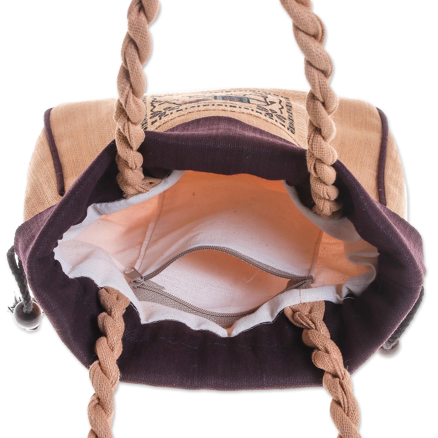 Elephant Caper in Purple 100% Cotton Tan and Purple Elephant Motif Cinch-Top Handbag