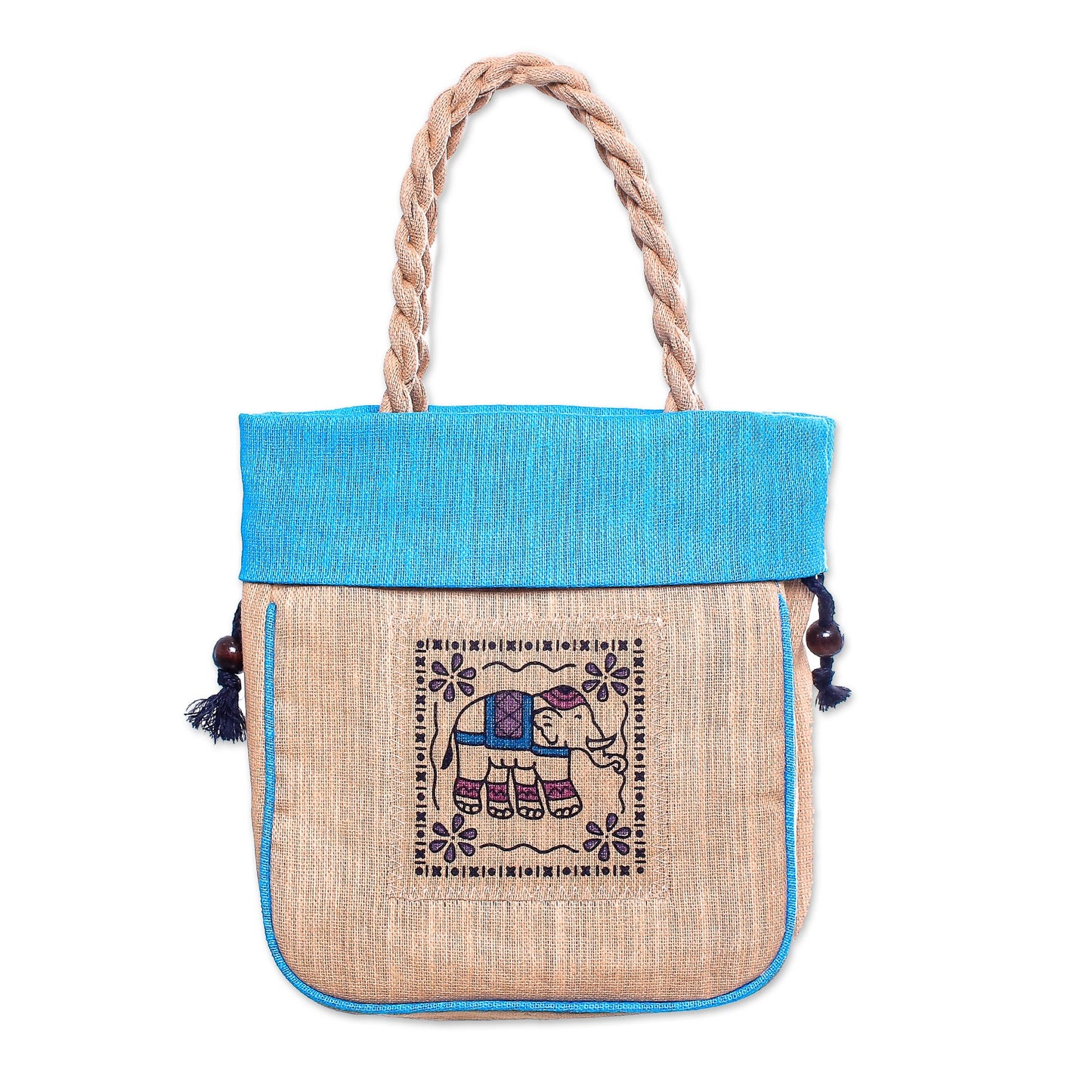 Elephant Caper in Blue 100% Cotton Tan and Blue Elephant Motif Cinch-Top Handbag