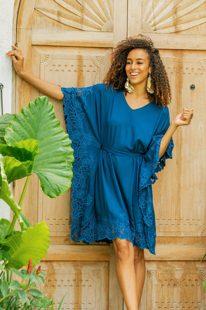 Goddess in Azure Embroidered Rayon Caftan in Azure from Bali