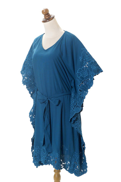 Goddess in Azure Embroidered Rayon Caftan in Azure from Bali