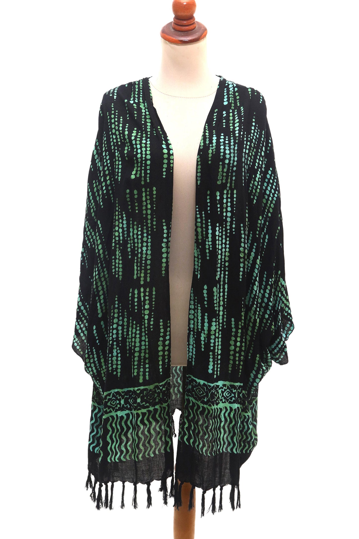 Raindrops Hand Stamped Black and Mint Rayon Batik Kimono