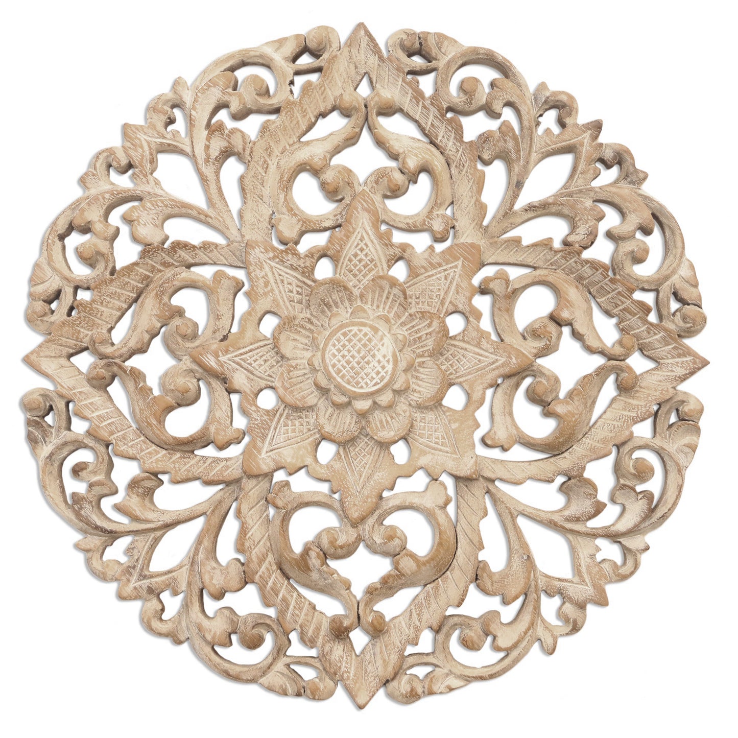 Padma Mandala Whitewashed Floral Wood Relief Panel