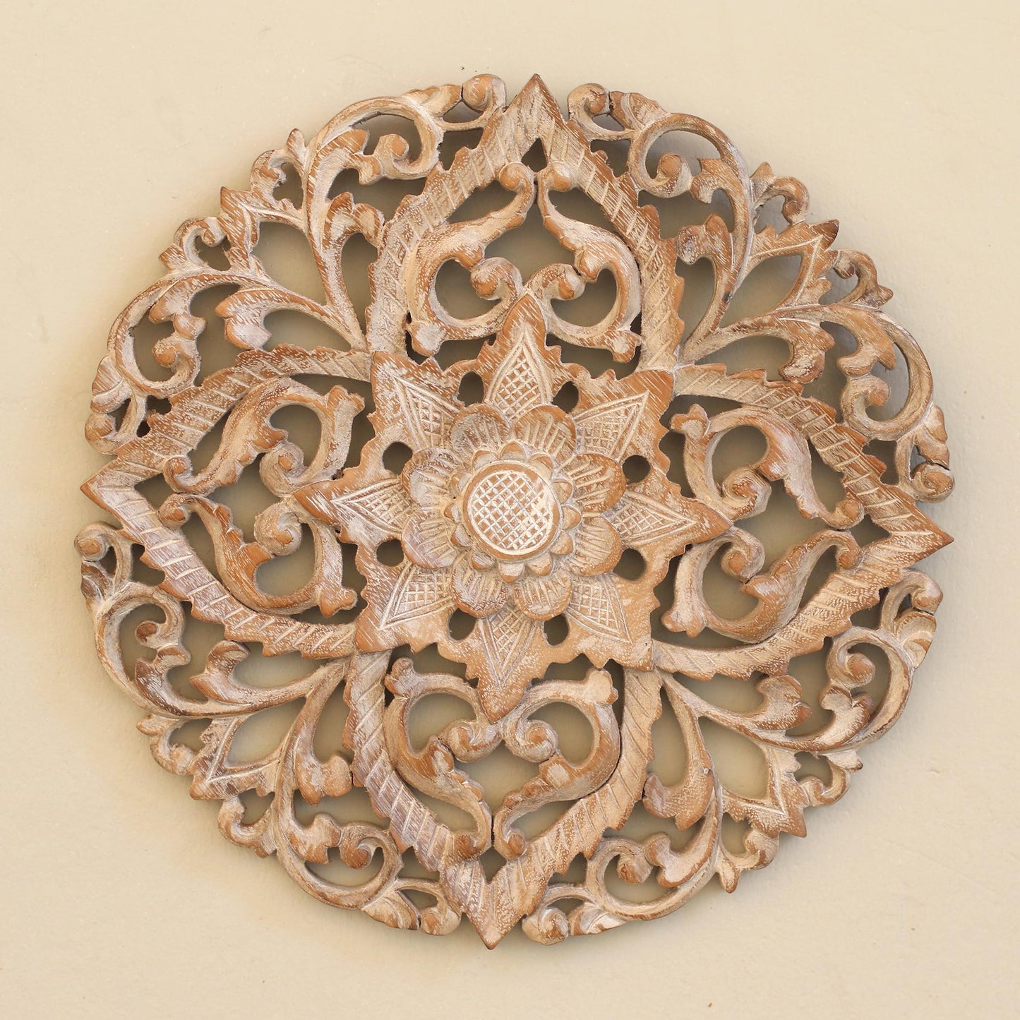 Padma Mandala Whitewashed Floral Wood Relief Panel