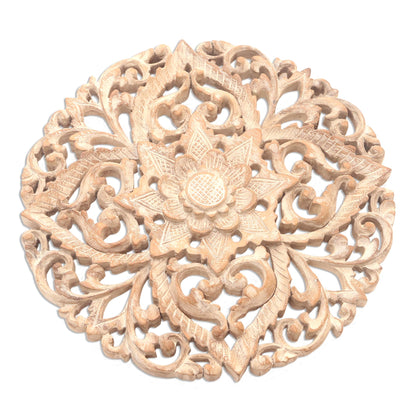 Padma Mandala Whitewashed Floral Wood Relief Panel