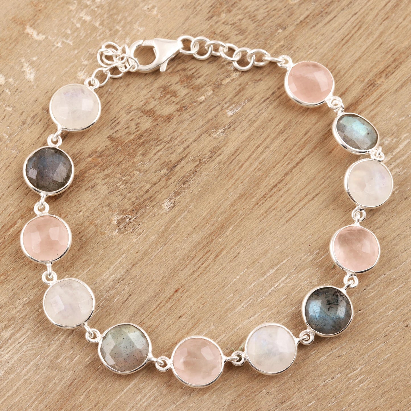 Soft Round Glitter 24-Carat Multi-Gemstone Link Bracelet in Pink from India