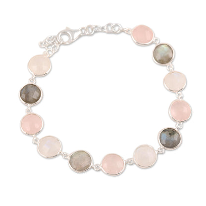 Soft Round Glitter 24-Carat Multi-Gemstone Link Bracelet in Pink from India