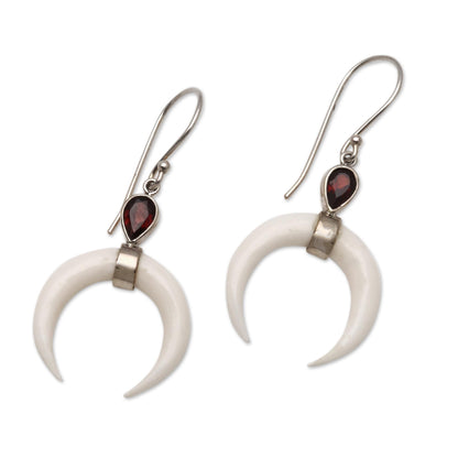 Sanur Crescents Garnet and Crescent Bone Dangle Earrings from Bali