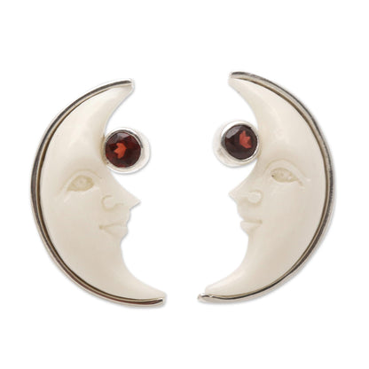 Awake Moons Garnet and Bone Crescent Moon Stud Earrings from Bali