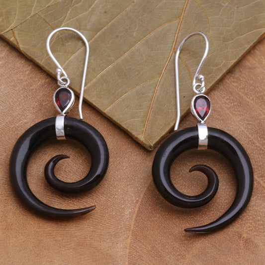 Shadow Swirls Swirl-Shaped Garnet and Dark Horn Dangle Earrings from Bali