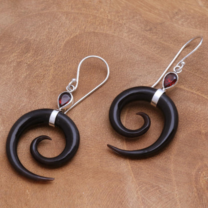 Shadow Swirls Swirl-Shaped Garnet and Dark Horn Dangle Earrings from Bali