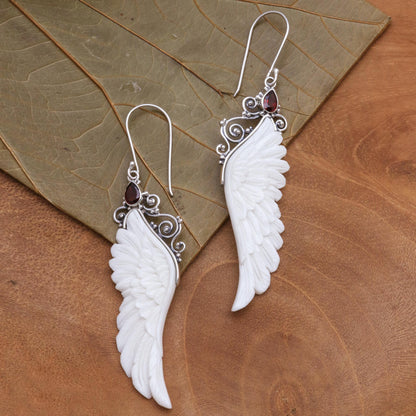 Caressed Wings Garnet and Bone Wing Dangle Earrings from Bali