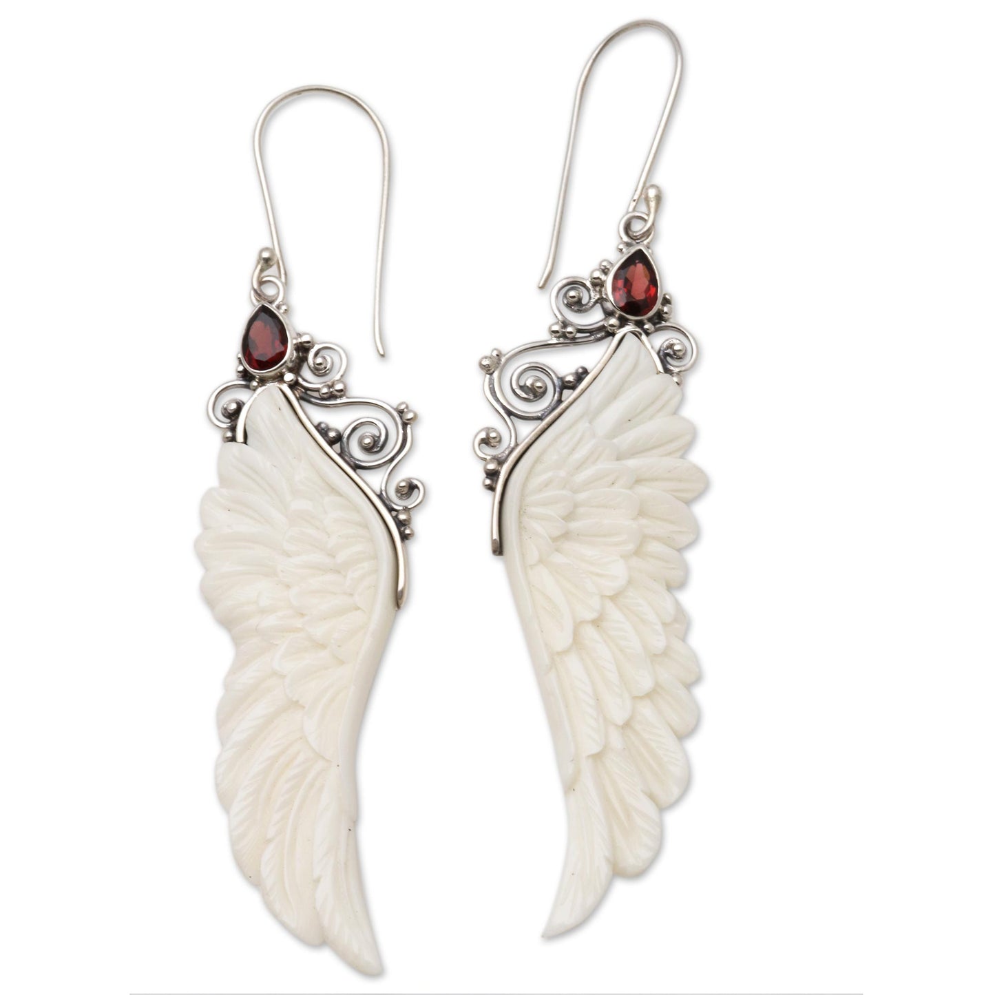 Caressed Wings Garnet and Bone Wing Dangle Earrings from Bali