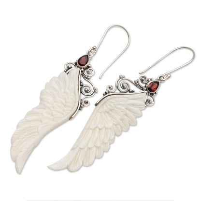 Caressed Wings Garnet and Bone Wing Dangle Earrings from Bali