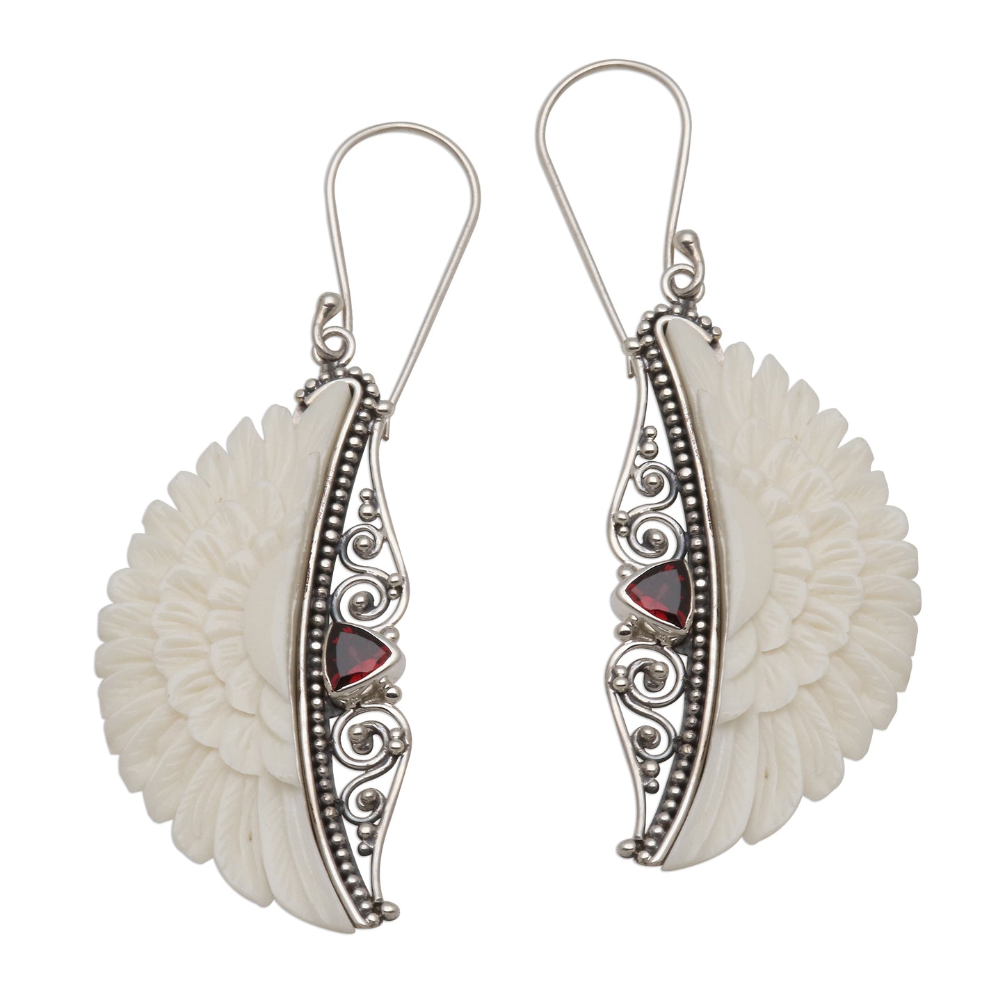 Gate of Olympus Garnet and Hand-Carved Bone Dangle Earrings from Bali