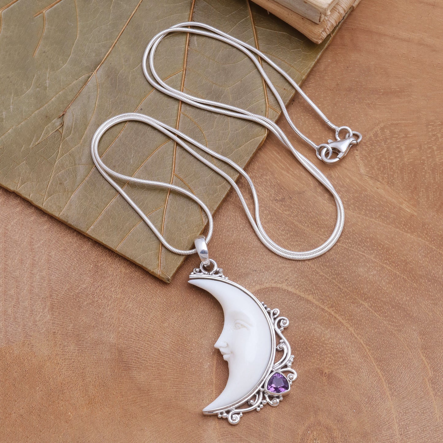 Resting Moon Amethyst and Bone Crescent Moon Pendant Necklace from Bali