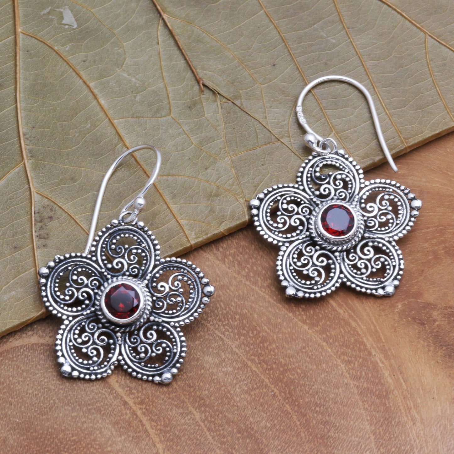 January's Flower Sterling Silver and Garnet Flower Earrings