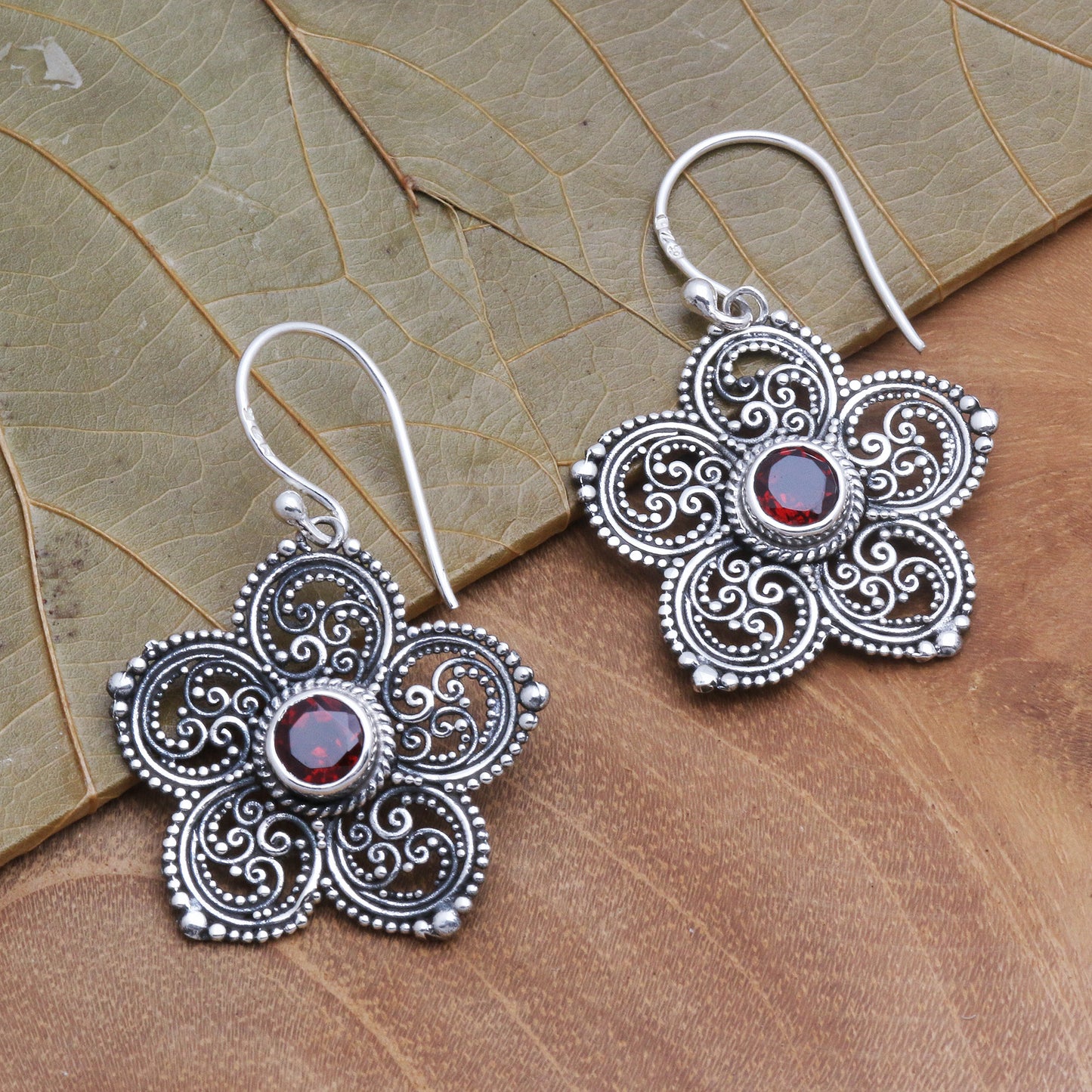 January's Flower Sterling Silver and Garnet Flower Earrings