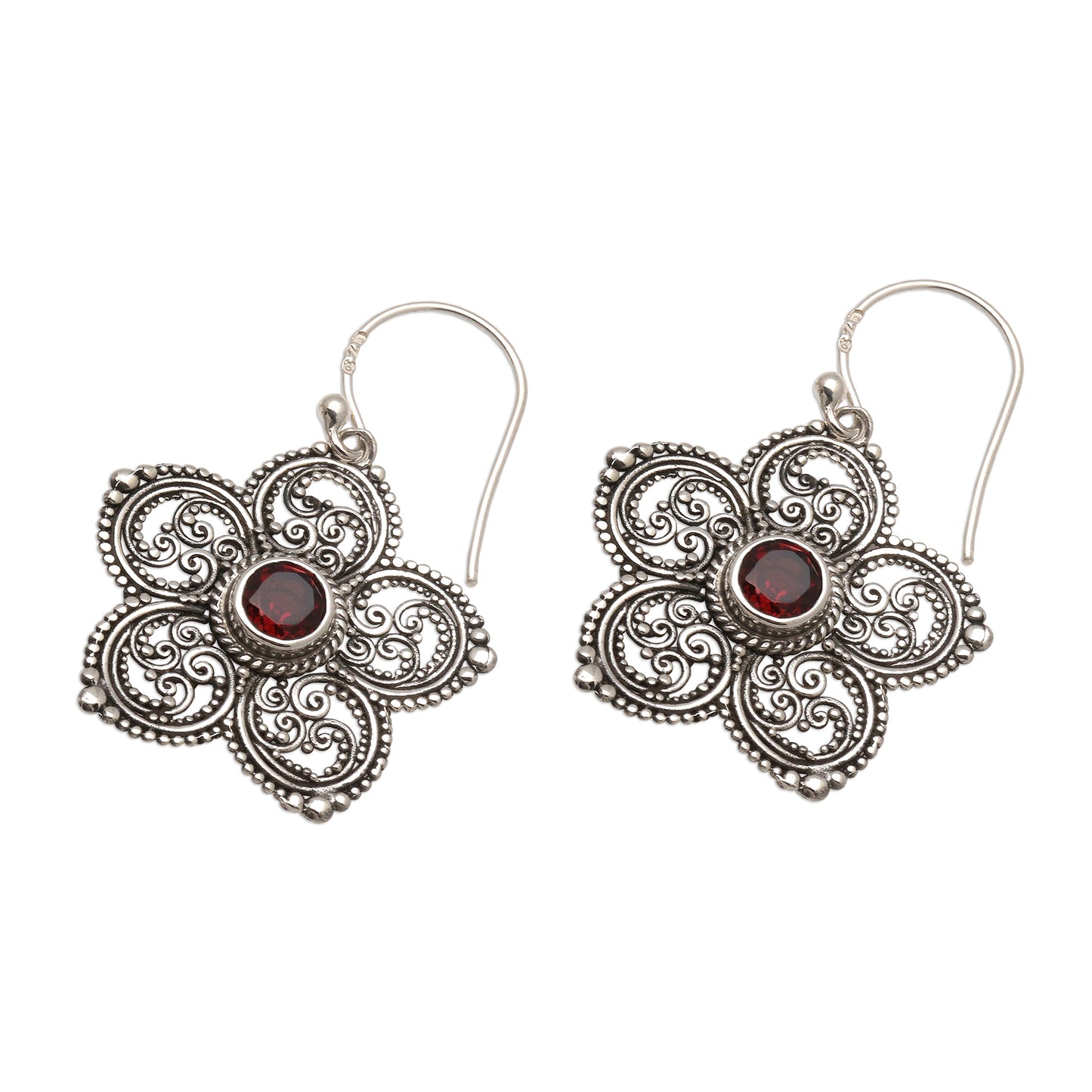 January's Flower Sterling Silver and Garnet Flower Earrings