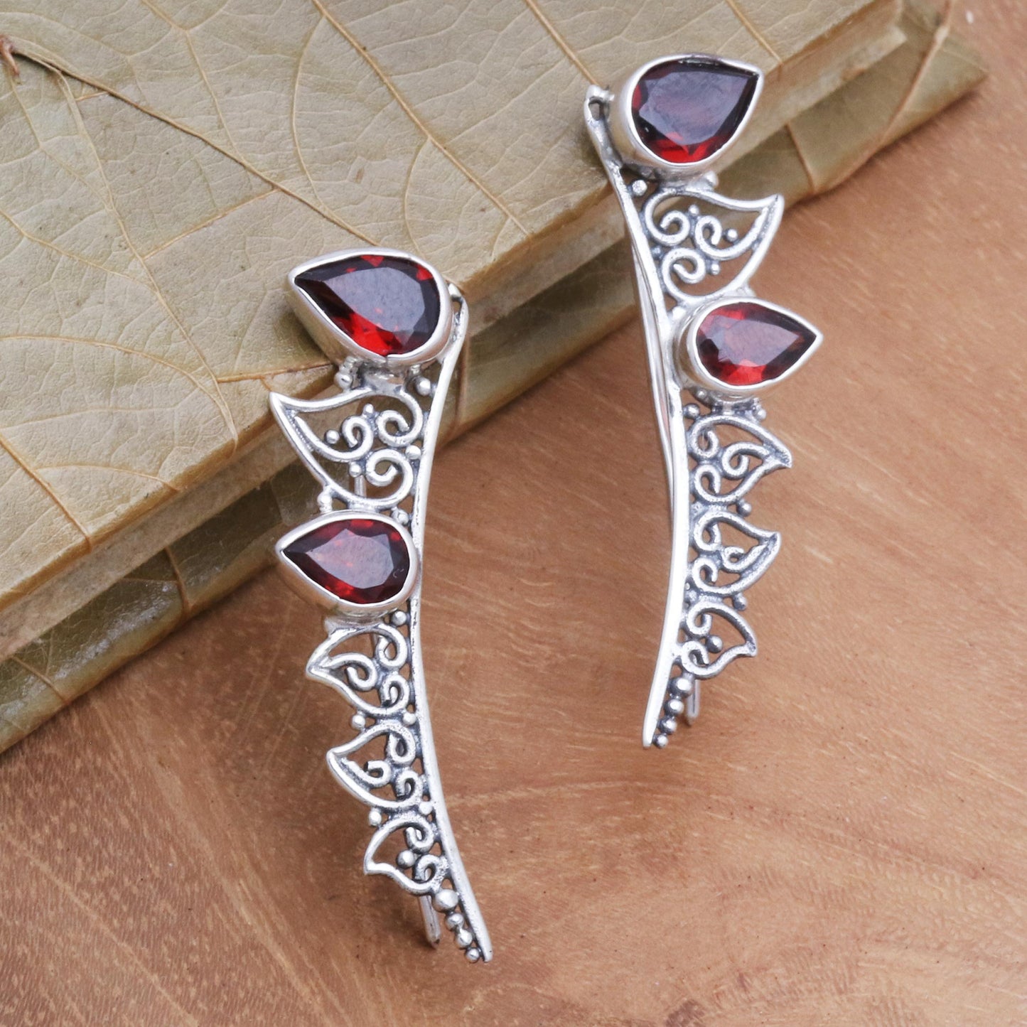 Climbing Ivy Ear Climber Earrings with Garnet and Sterling Silver