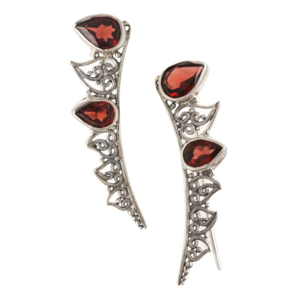 Climbing Ivy Ear Climber Earrings with Garnet and Sterling Silver