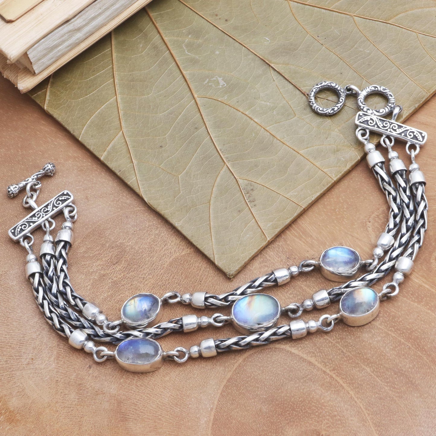 Storm Within Rainbow Moonstone Artisan Crafted Link Bracelet