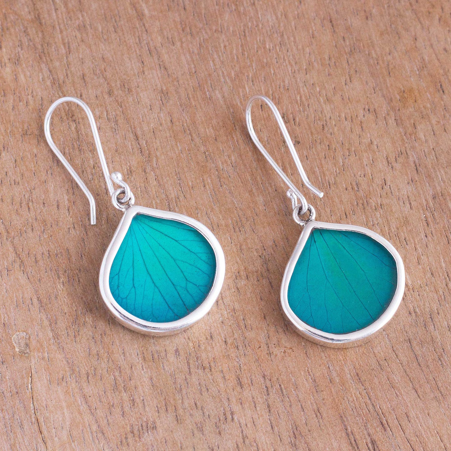 Leaf Drops in Aqua Drop-Shaped Natural Leaf Dangle Earrings in Aqua from Peru