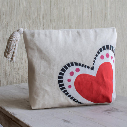 The Heart Sings Hand-Painted 7 Inch Ivory Cotton Heart Theme Cosmetic Bag