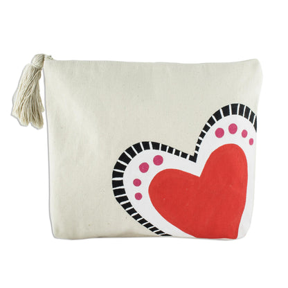 The Heart Sings Hand-Painted 7 Inch Ivory Cotton Heart Theme Cosmetic Bag