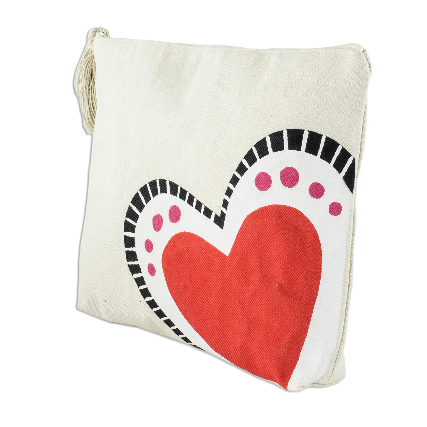 The Heart Sings Hand-Painted 7 Inch Ivory Cotton Heart Theme Cosmetic Bag