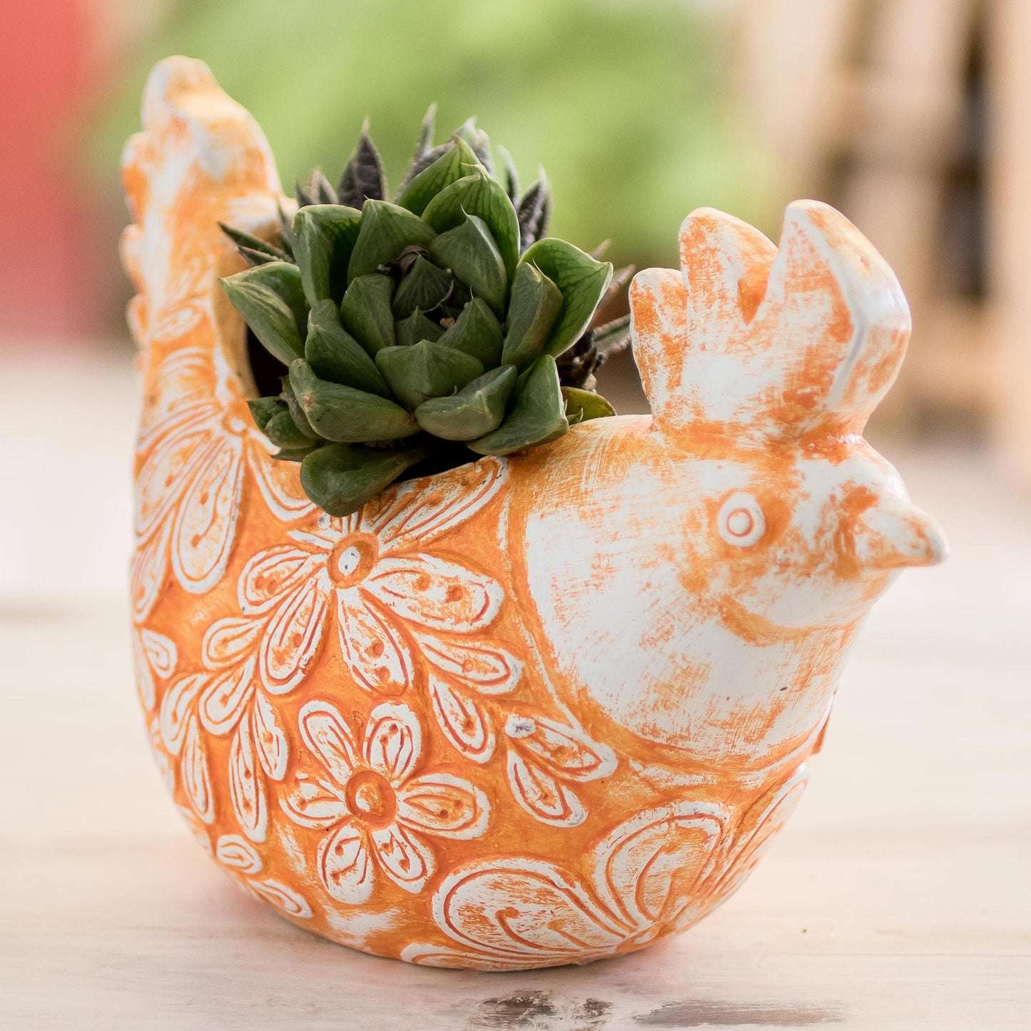 Roosting Ginger Hen Handcrafted Ceramic Orange Hen Flower Pot from El Salvador