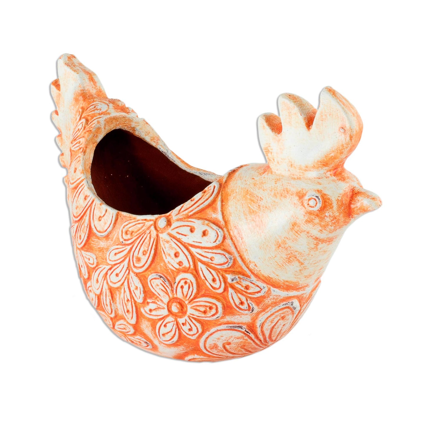 Roosting Ginger Hen Handcrafted Ceramic Orange Hen Flower Pot from El Salvador