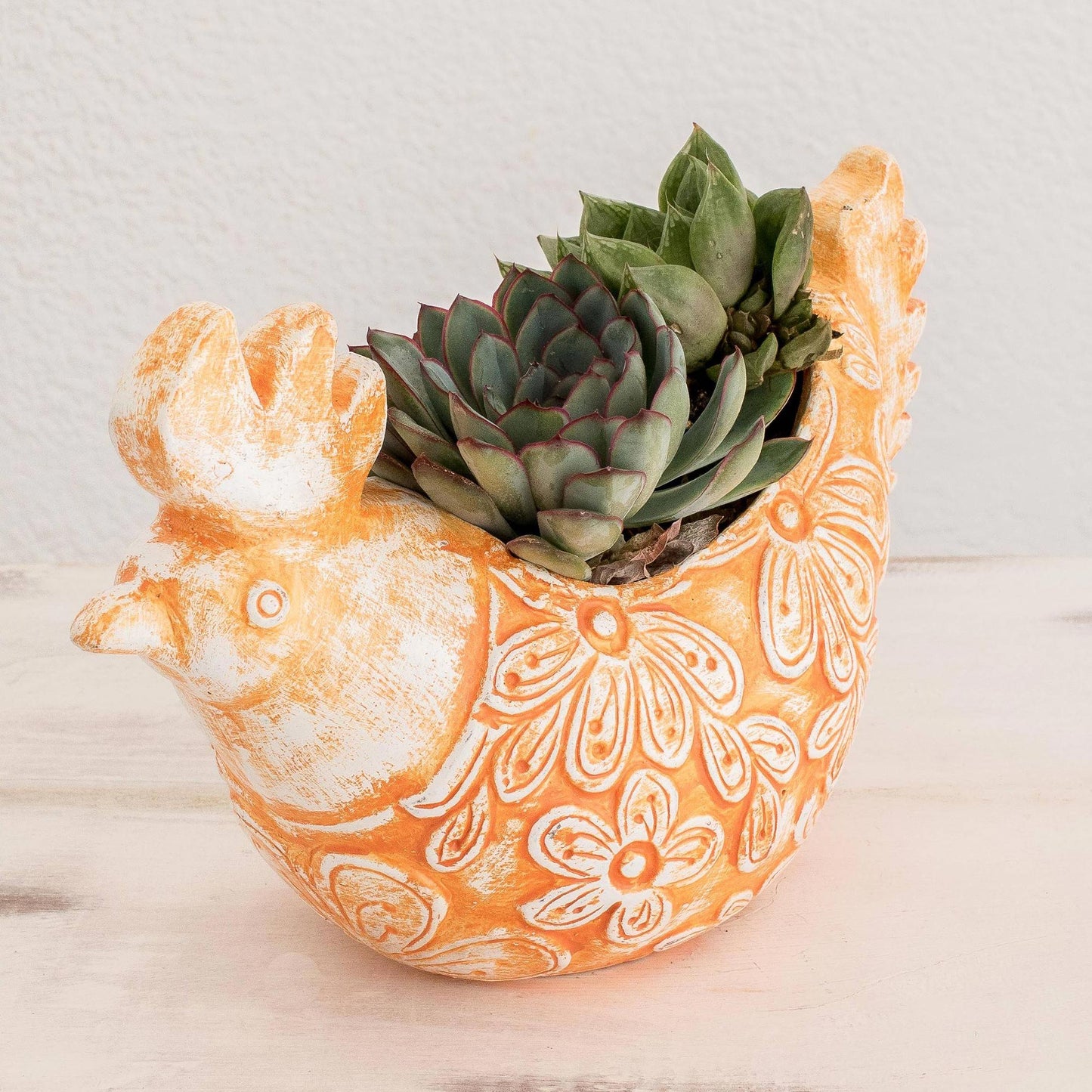 Roosting Ginger Hen Handcrafted Ceramic Orange Hen Flower Pot from El Salvador